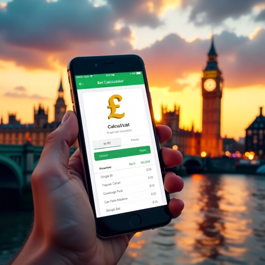 A hand holding a high-end smartphone displaying a professional Single Bet Calculator app with a clean emerald green and white interface, background is the London skyline with Big Ben and Westminster Bridge at sunset, 3D golden British Pound symbols (£) an